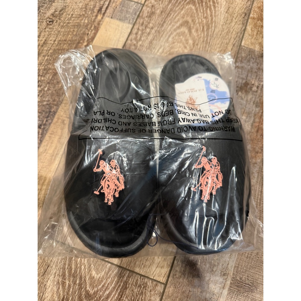 US Polo Assn Womens Slide Sandals Black Pink Logo Size 7/8 New
